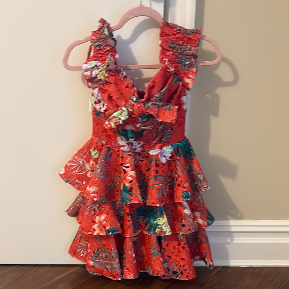Caroline Constas Red Floral Ruffle Dress